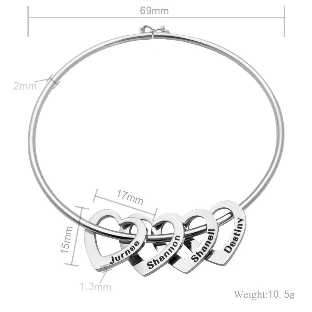 165cm Personalized Name Bracelet Heart Charm Women Stainless Custom Date Bangle Personality Family Names Hand Jewelry Gift 240103