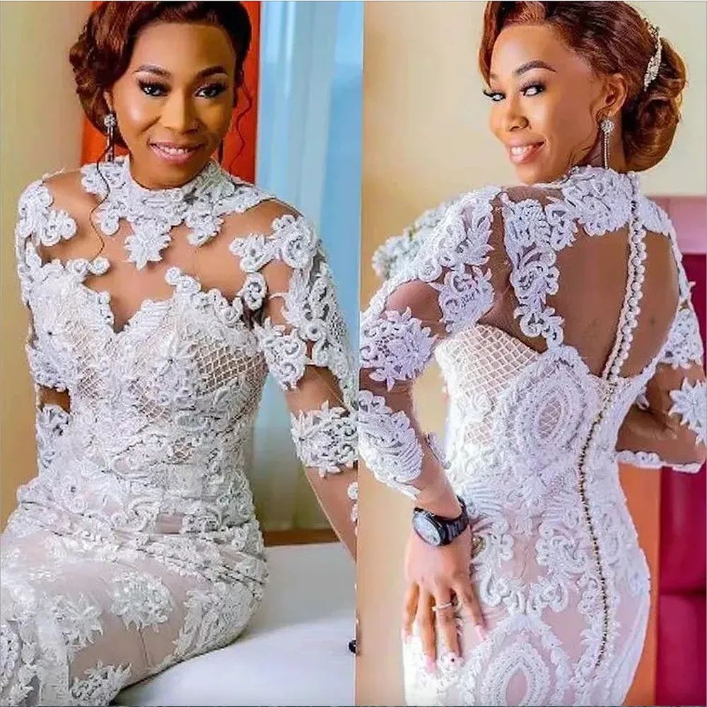 2024 Lace Mermaid Wedding Dresses Bridal Gown High Neck Tulle Long Sleeves Or Length Custom Made Beach Satin Plus Size Vestido De Novia 403 6660311
