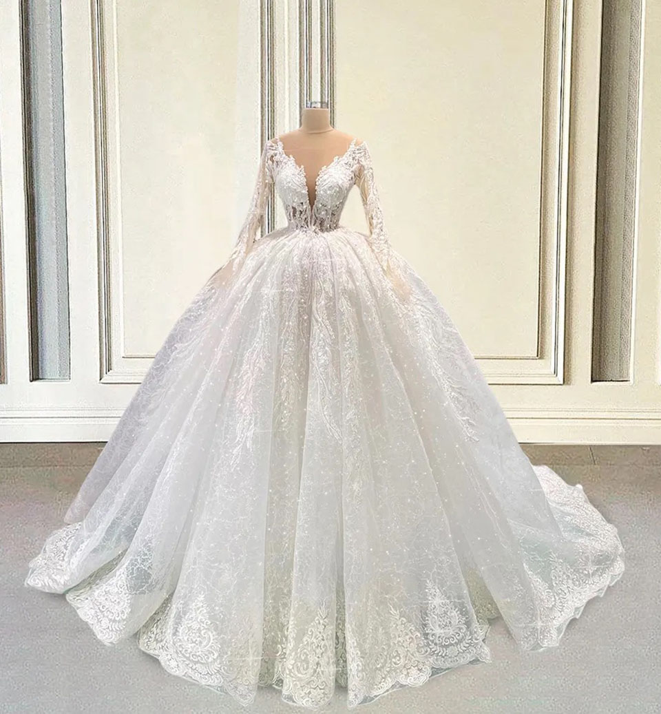 White Wedding Dresses New Bridal Gowns Formal Applique Beaded Custom Ivory Zipper Lace Up Plus Size O-Neck Long Sleeve Illusion Lace Sequined A Line F