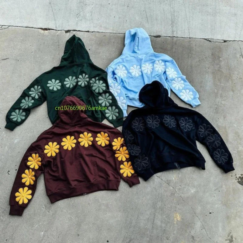 Cotton Suit Hoodie Pants Two Piece Men Women Ins Flower Embroidery Craft Loose Casual Street Style WinterCouple 240103