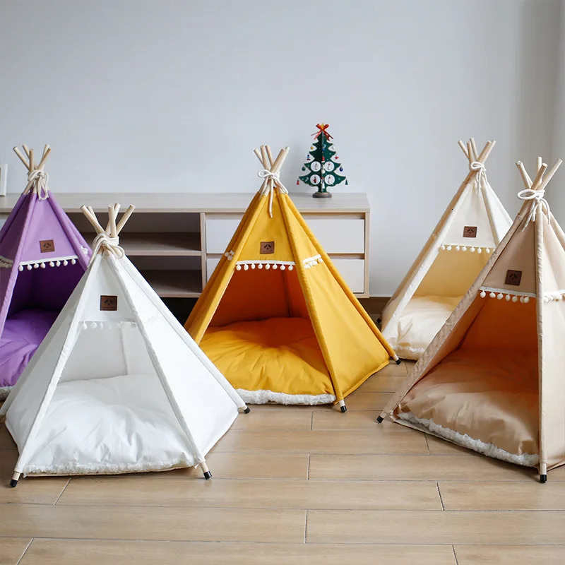 Pet Cat Tent Dog House Bed with Thick Cushion for Cats Dogs Deep Sleeping Indoor Canvas Soft Indian Puppy Teepee Pet Supplies 240103