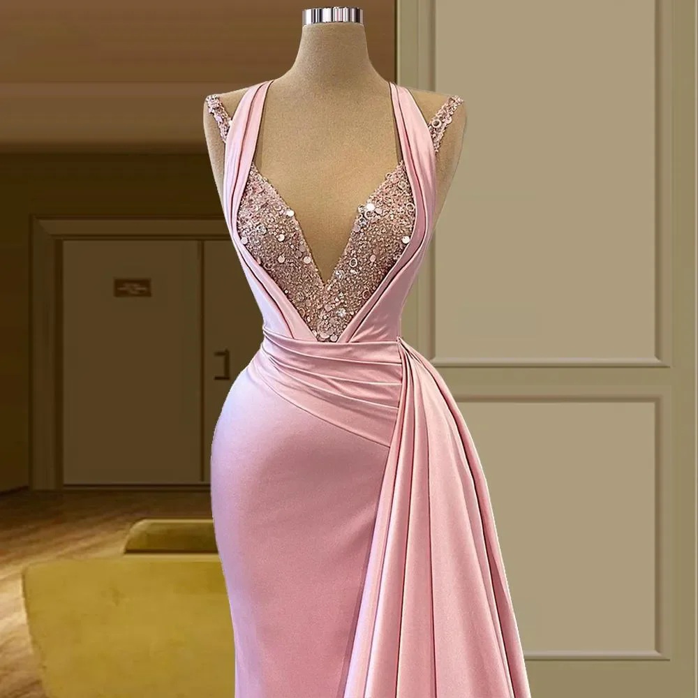 Pink Mermaid Dresses Dubai Sleeveless Party Lace Women Prom Middle East Sweep Train Custom Evening Dress YD 328