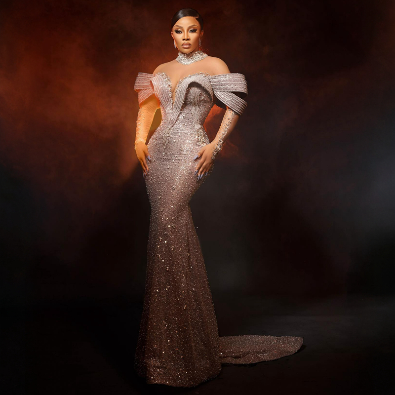 Plus Size Aso Ebi Prom Mermaid Long Sleeves High Neck Rehinestones Lace Formal Elegant Evening Dresses for Black Women Birthday Party Dress Guest Gown