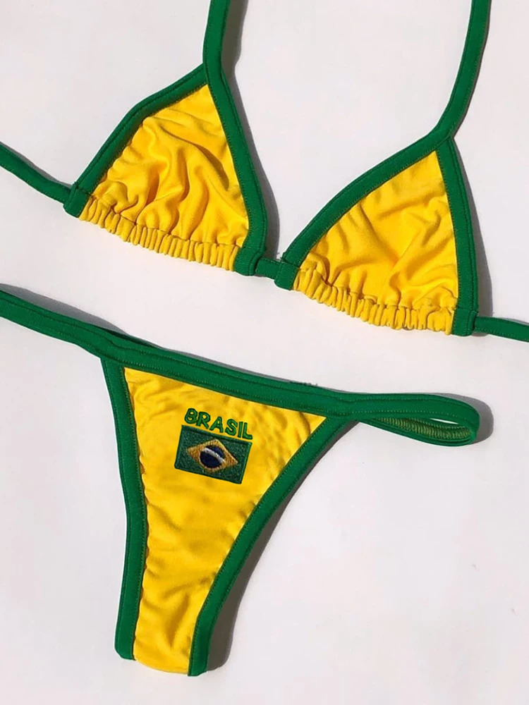 Letter Embroidery Contrast Bikini Set Women Swimwear Sexy Patchwork Swimsuit tie Outfits Y2K Bathing Suit Holiday Beachwear 240104