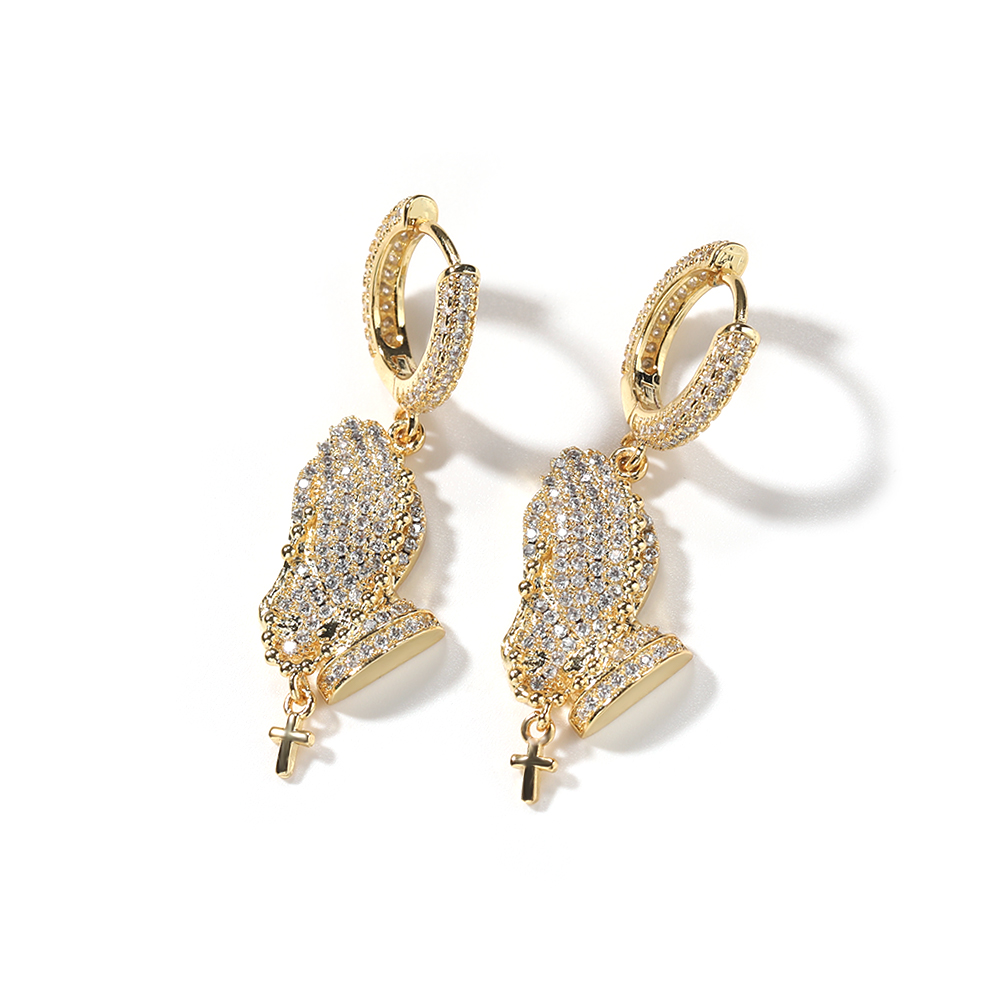 Hip Hop Pray Hands Dangle Earrings Full White Zircons Charm Cross Hoop Drop Earrings Real Gold Plated Religious Jewelry