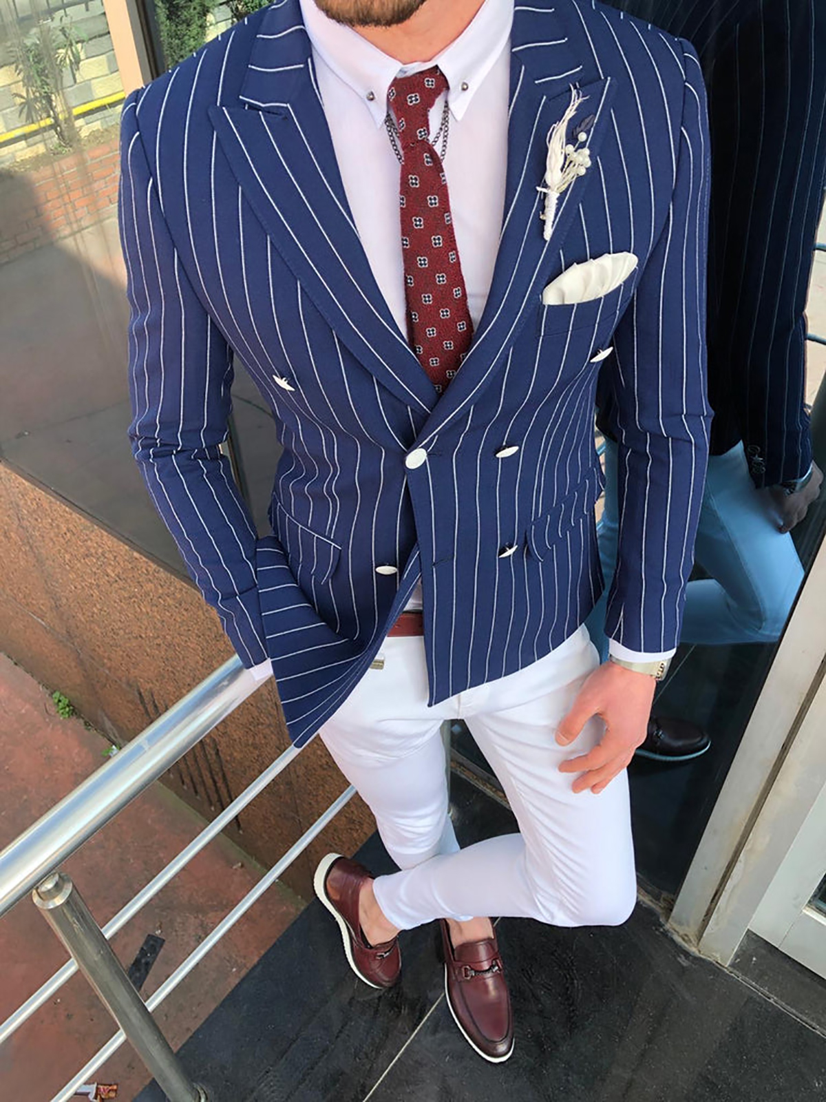 Men's Blue Striped Jacket Slim Fit Double Breasted Business Groom Party Formal Wear One Piece