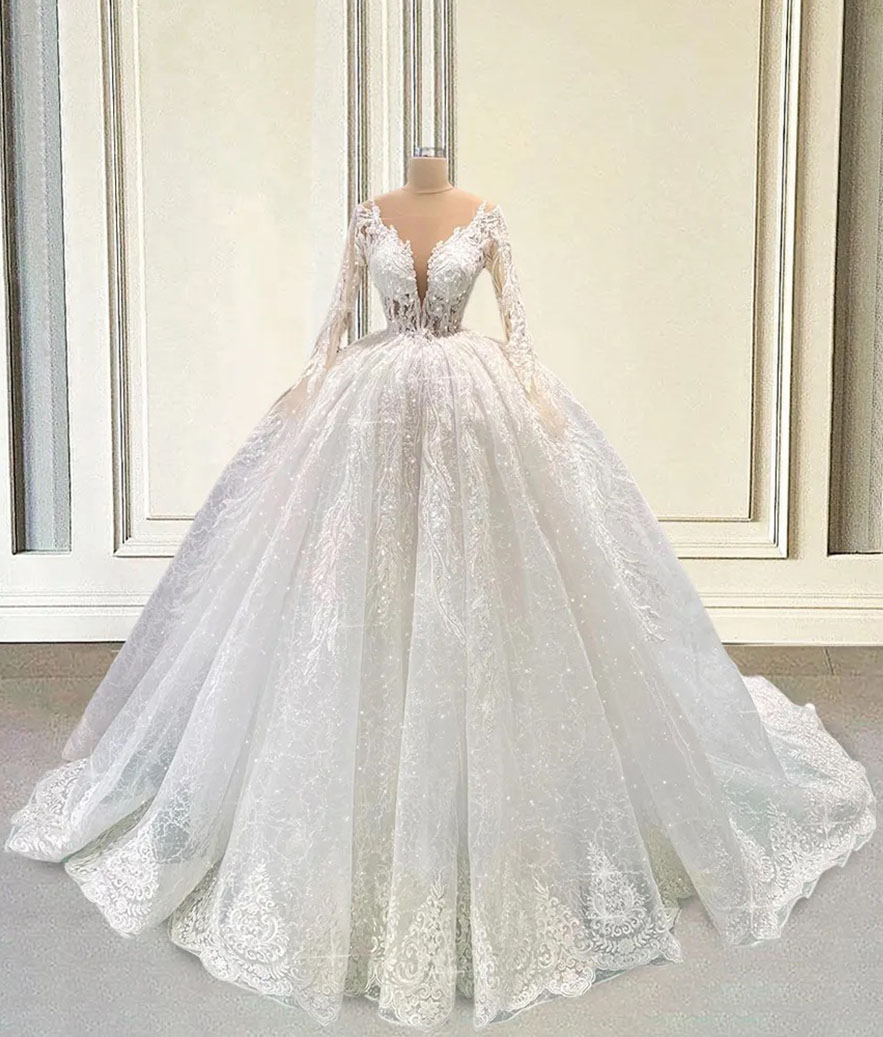 White Wedding Dresses New Bridal Gowns Formal Applique Beaded Custom Ivory Zipper Lace Up Plus Size O-Neck Long Sleeve Illusion Lace Sequined A Line F