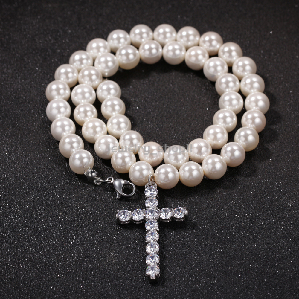 Minimalist Cross Pendant 8-10mm Pearl Necklace Fashion moissanite diamond silver cuban link chain for men Hip Hop - view 4