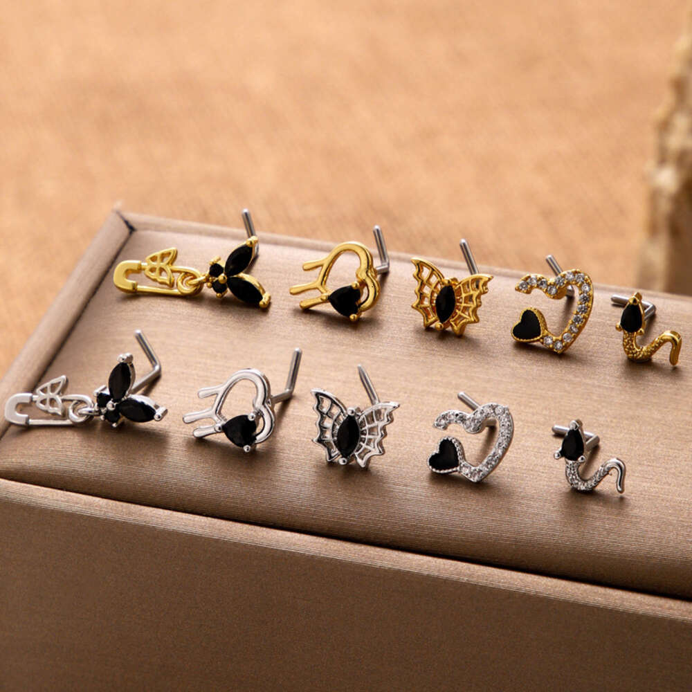 L-pole Stainless Steel Gothic Heart Charm Nose Ring For Women Fashionable Black Cubic Zircon Spider Web Snake Butterfly Nose Nail Wholesale Piercing J