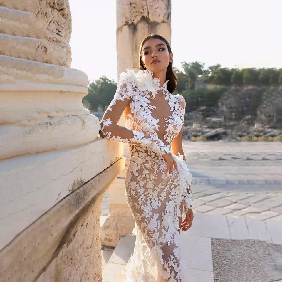 Bohemian Beach Sexy Lace Mermaid Wedding Dress 2024 High Collar Side Slit Flowers Appliques Long Sleeves Sweep Train Boho Bridal Gown