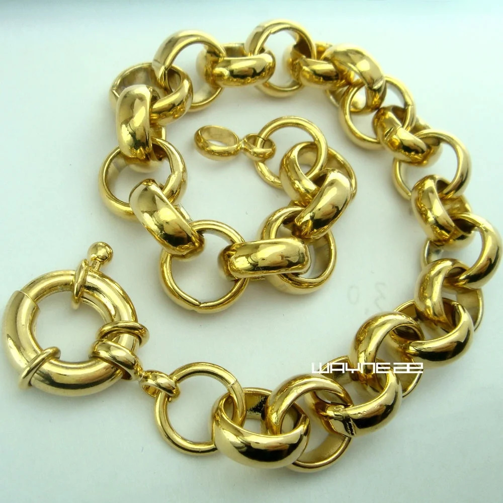 Gold Color 11mm width Belcher Bolt Ring Link Men Women Solid Bracelet Jewllery B164 240103
