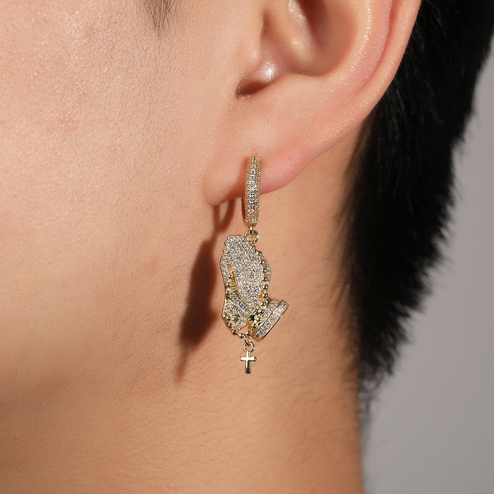 Classic Praying Hands Pendant Necklace Earrings 5A Zircon Boy Men Religion Jewelry