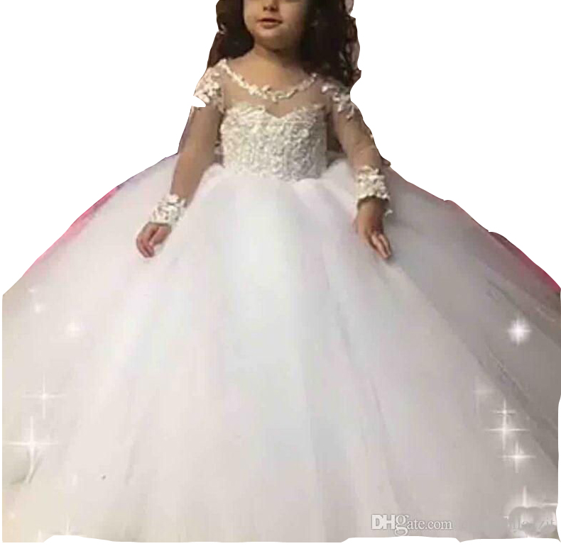 2024 Bling Cute Flower Girl Dresses For Weddings Jewel Neck Illusion Lace Appliques Beads Long Sleeves Ball Gown Tulle Girls Pageant Dress Kids Commun