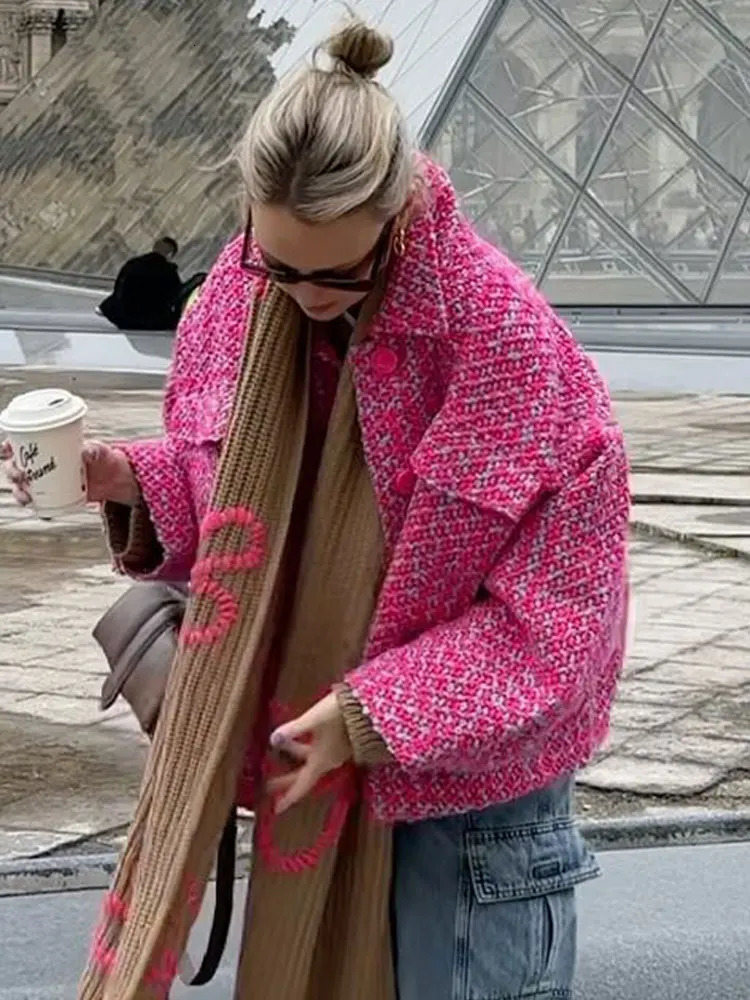 Vintage Womens Autumn Winter Contrast Polo Collar Jacket Pink Loose long sleeve Short Top Casual Fashion Y2k streetwear Coat 240103