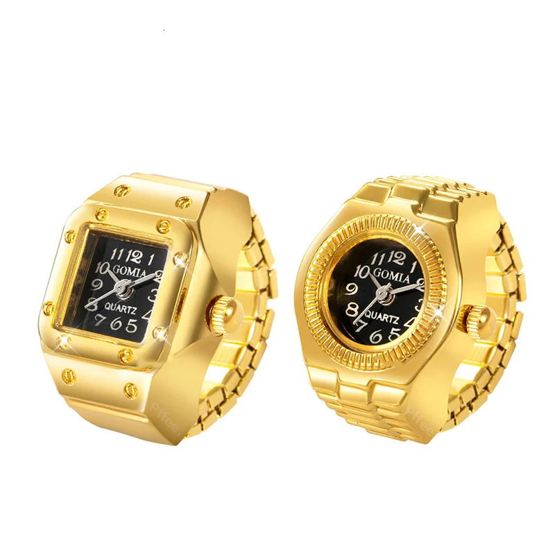 Wedding Rings Gold Couple Ring Jewelry Watch Vintage Quartz Watch Ring Mens Vintage Punk Finger Watch Mini Elastic Band 240103