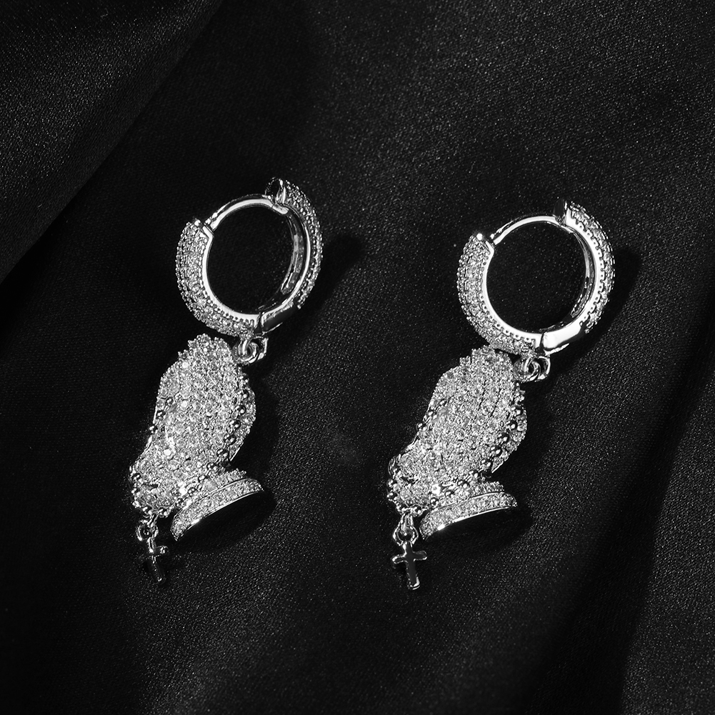 Classic Praying Hands Pendant Necklace Earrings 5A Zircon Boy Men Religion Jewelry