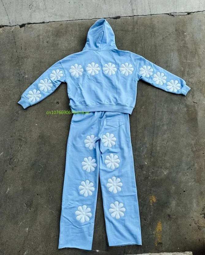 Cotton Suit Hoodie Pants Two Piece Men Women Ins Flower Embroidery Craft Loose Casual Street Style WinterCouple 240103
