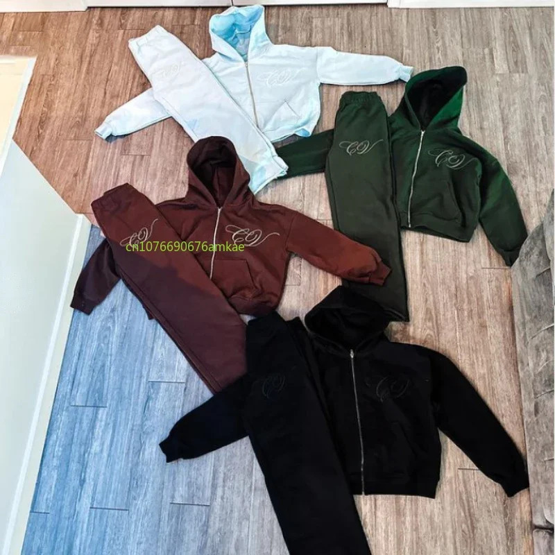 Cotton Suit Hoodie Pants Two Piece Men Women Ins Flower Embroidery Craft Loose Casual Street Style WinterCouple 240103