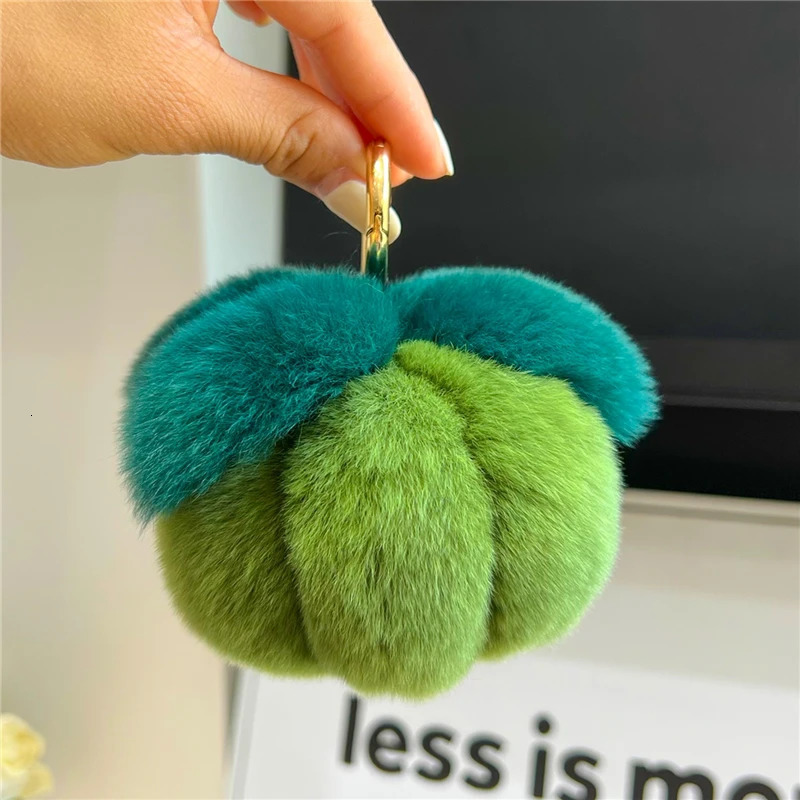 Plush Ball Real Rex Rabbit Fur Keychain Cute Pumpkin Toy Trinket Women Handbag Pendant Car Keyring Metal Ring Ornament Girl Gift 240103
