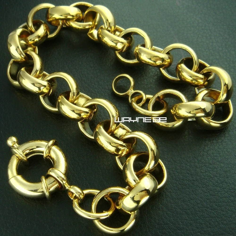 Gold Color 11mm width Belcher Bolt Ring Link Men Women Solid Bracelet Jewllery B164 240103