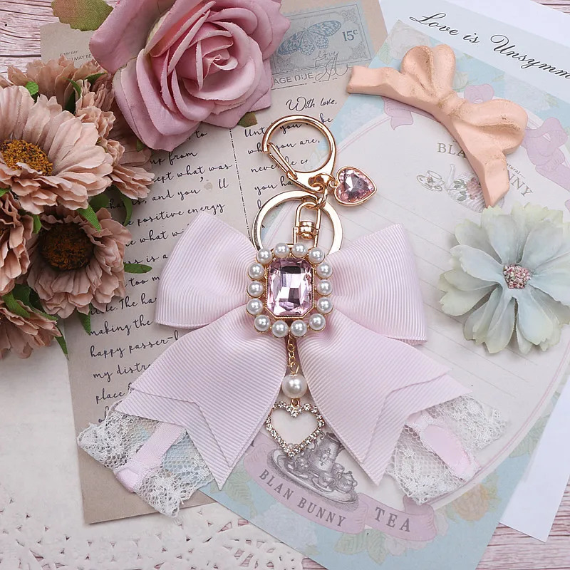 Handmade Japanese Style Girls Big Bow Rhinestone Lace Keychain Sweet Cute Handbag Pendants Lolita Keyrings Bag Charms 240103