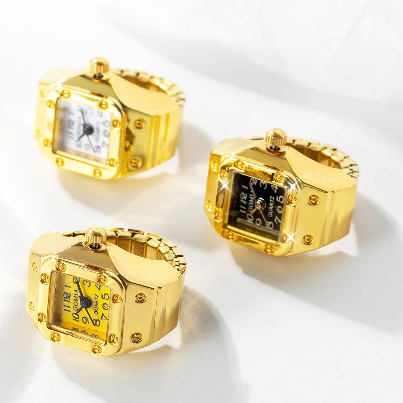 Wedding Rings Gold Couple Ring Jewelry Watch Vintage Quartz Watch Ring Mens Vintage Punk Finger Watch Mini Elastic Band 240103