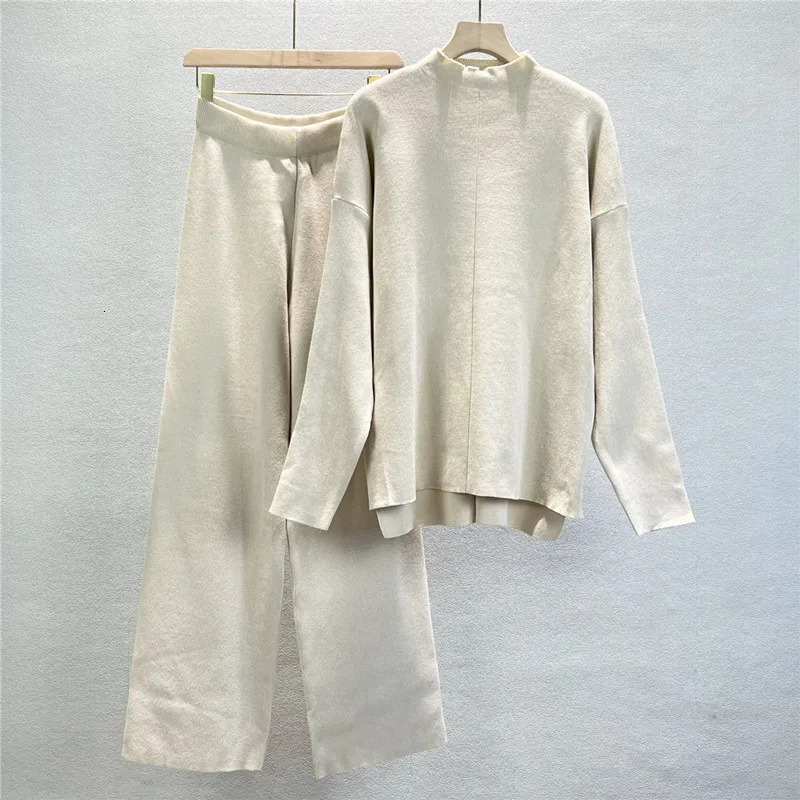 Autumn Winter Knitted 2 Pieces Set Women pullovers Sweater Outifits Casual Streetwear Tracksuit Wide Leg Pants Suit 240103