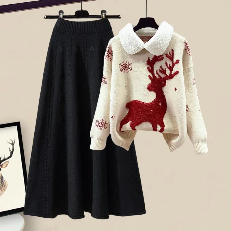 Large Womens Autumn and Winter Set Fashionable Knitted Sweater Slim Versatile Half Skirt Two Piece 240103