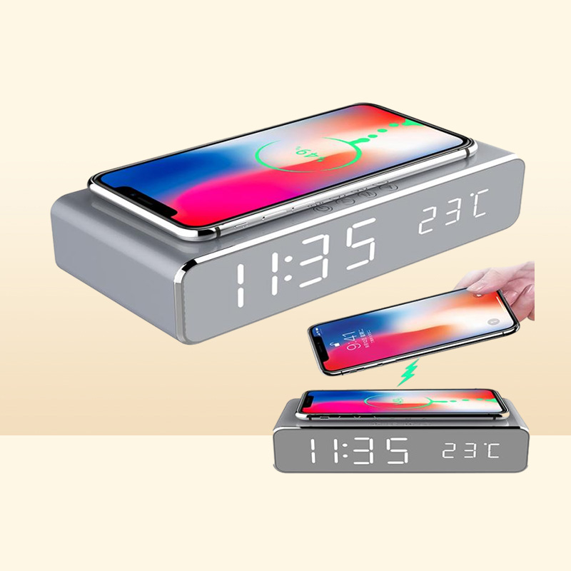 LED Electric Alarm Clock Digital Thermometer HD Mirror with Phone Wireless Charger and Date