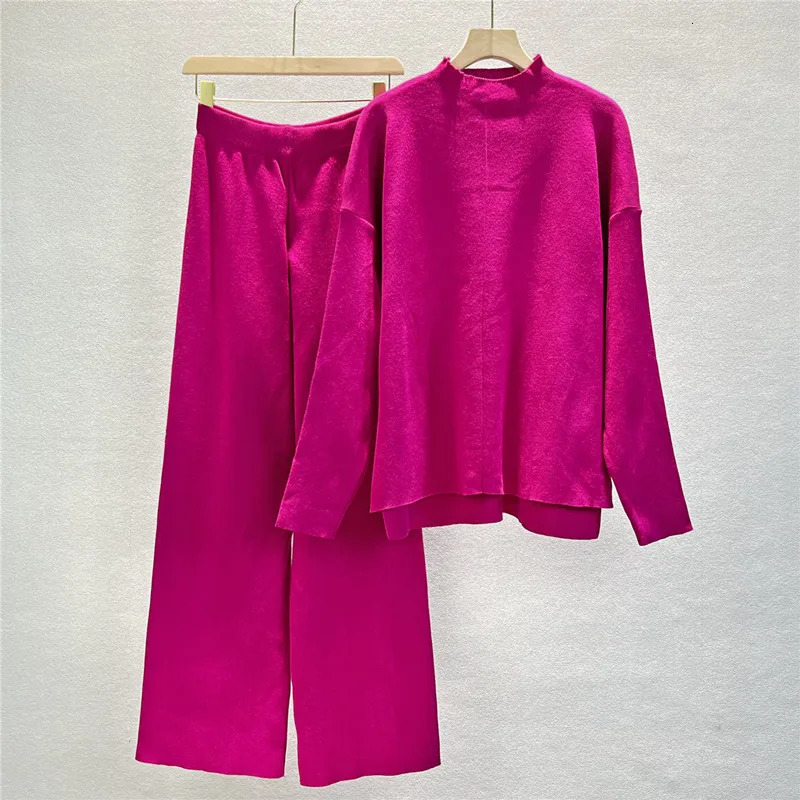 Autumn Winter Knitted 2 Pieces Set Women pullovers Sweater Outifits Casual Streetwear Tracksuit Wide Leg Pants Suit 240103