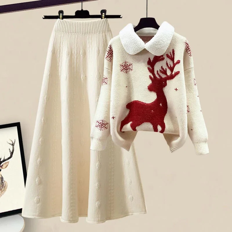 Large Womens Autumn and Winter Set Fashionable Knitted Sweater Slim Versatile Half Skirt Two Piece 240103