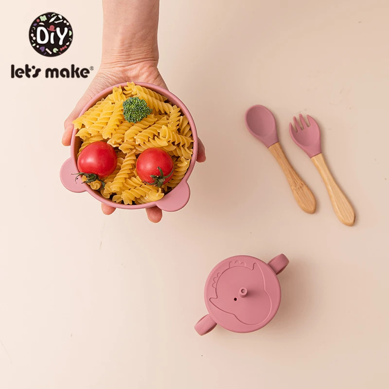 Solid Colour Kids Tableware Set Portable Baby Silicone Plate Bowl cup Toddler Feeding Sucker Infant Dishs With Silica Gel Spoon 240104