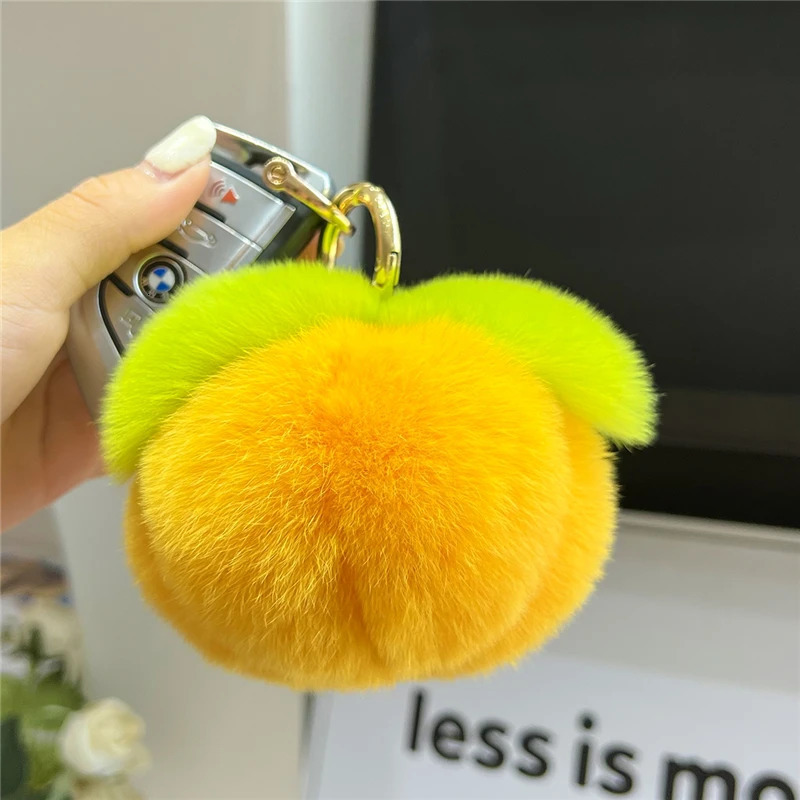 Plush Ball Real Rex Rabbit Fur Keychain Cute Pumpkin Toy Trinket Women Handbag Pendant Car Keyring Metal Ring Ornament Girl Gift 240103