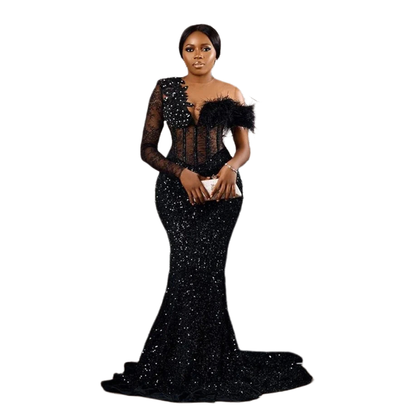 Black Mermaid Sequined Glitter Prom Dresses Long Sleeves Feathers Lace Beaded Aso Ebi Evening Party Gowns Sheer One Shoulder Special Occsion Dress for