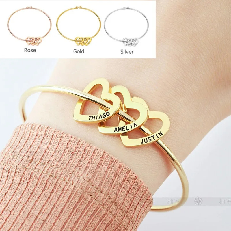 165cm Personalized Name Bracelet Heart Charm Women Stainless Custom Date Bangle Personality Family Names Hand Jewelry Gift 240103