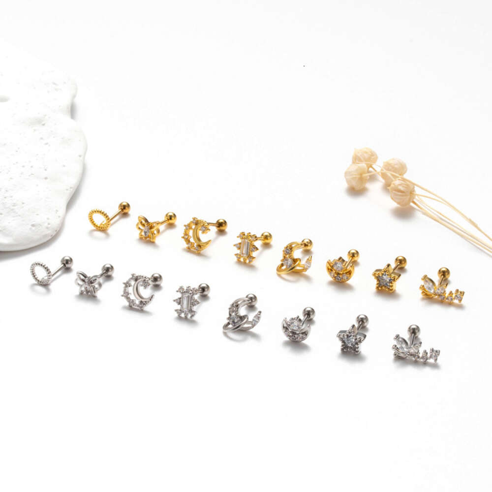 Flower Moon Star Charms Barbell Ball Earring Studs Surgical Stainless Steel Earrings Bling Cubic Zirconia Pentagram Butterfly Piercing Body Wolf Tide 