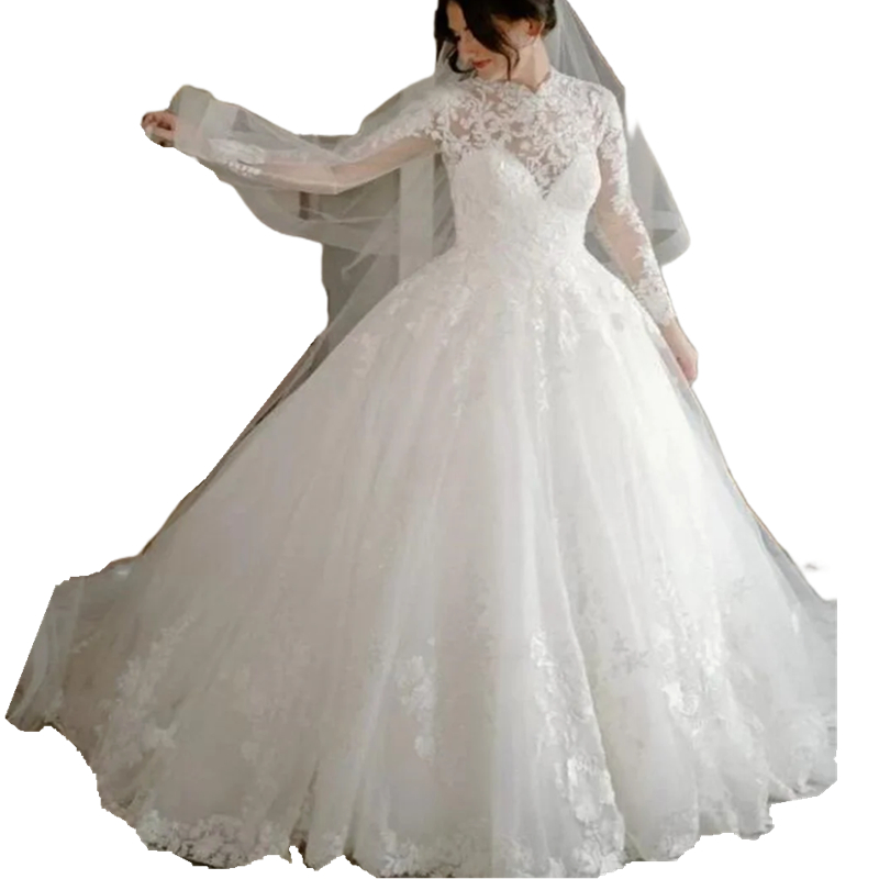 Long Sleeves Princess Wedding Dress Lace Appliques Stand Collar Gorgeous Bridal Gowns Court Train Ivory Tulle Bride Formal Dresses 2024