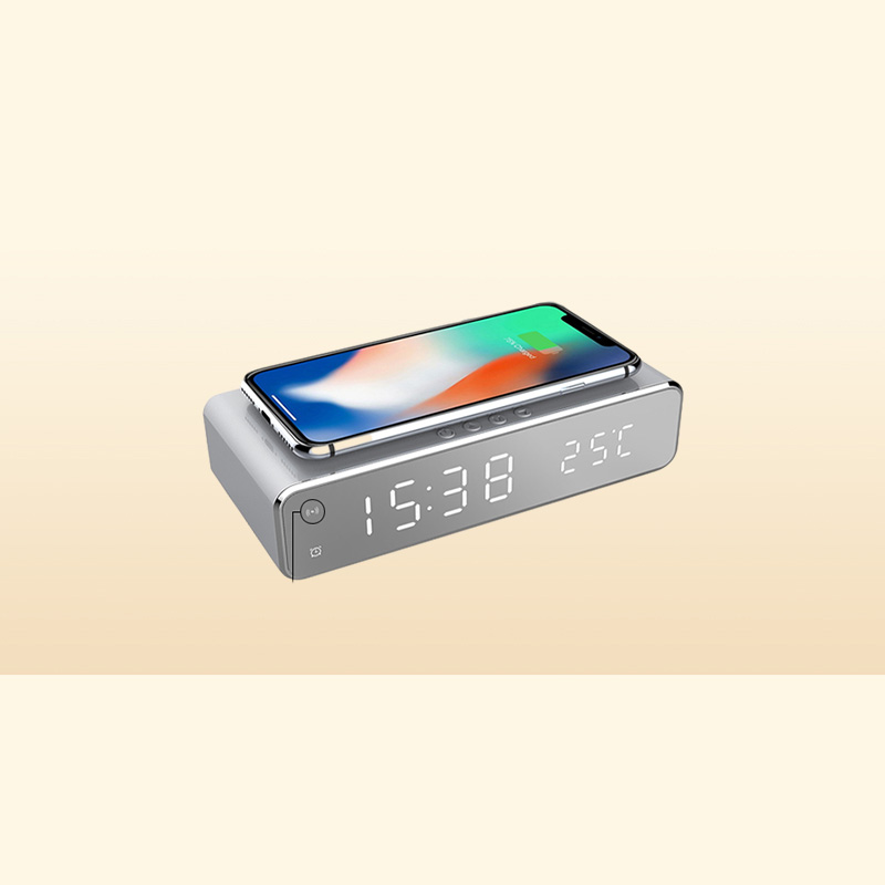 LED Electric Alarm Clock Digital Thermometer HD Mirror with Phone Wireless Charger and Date