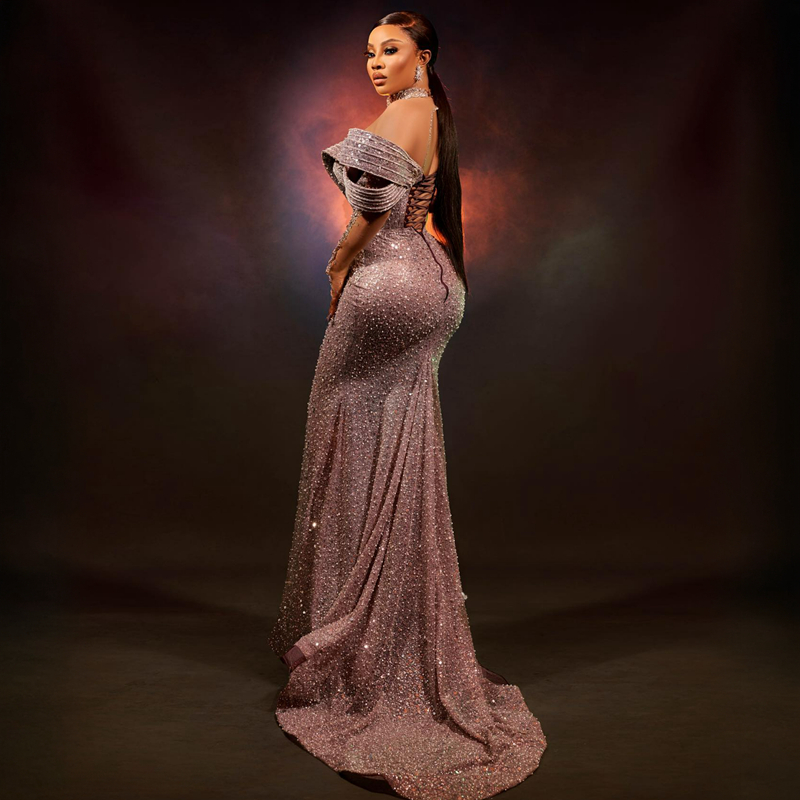 Plus Size Aso Ebi Prom Mermaid Long Sleeves High Neck Rehinestones Lace Formal Elegant Evening Dresses for Black Women Birthday Party Dress Guest Gown