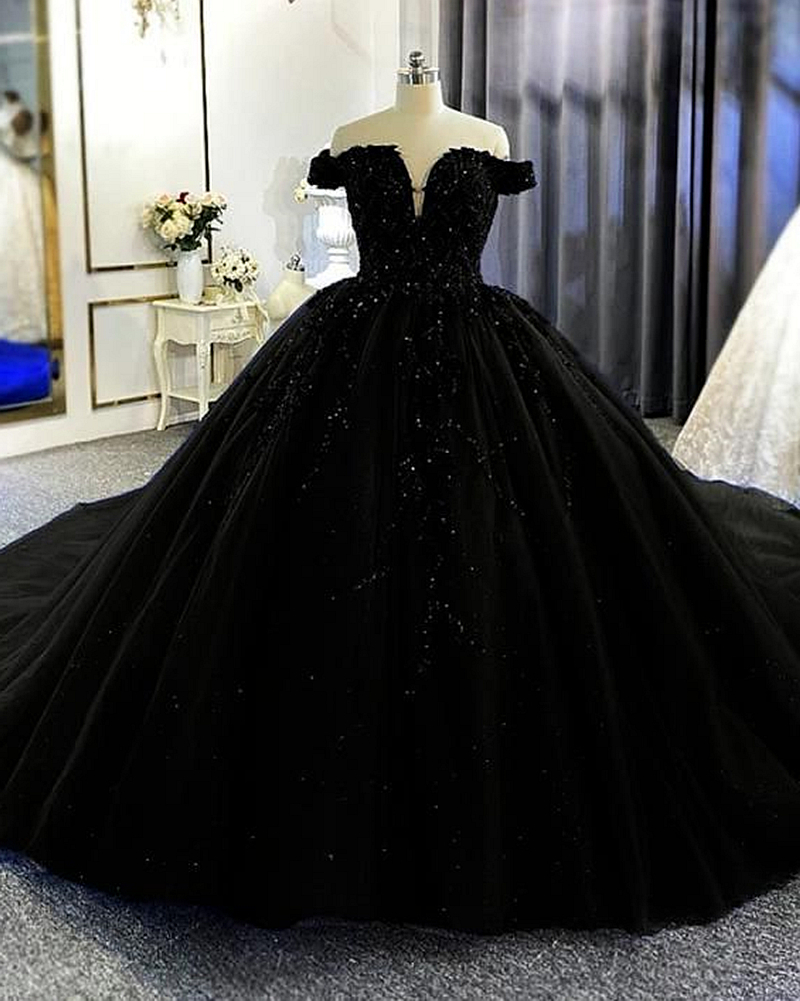 Gothic Black Wedding Dress Off The Shoulder Long Tulle Ball Gown Glitter Sequins Beaded Lace Appliques Vintage Plus Size Bridal Gowns 2024