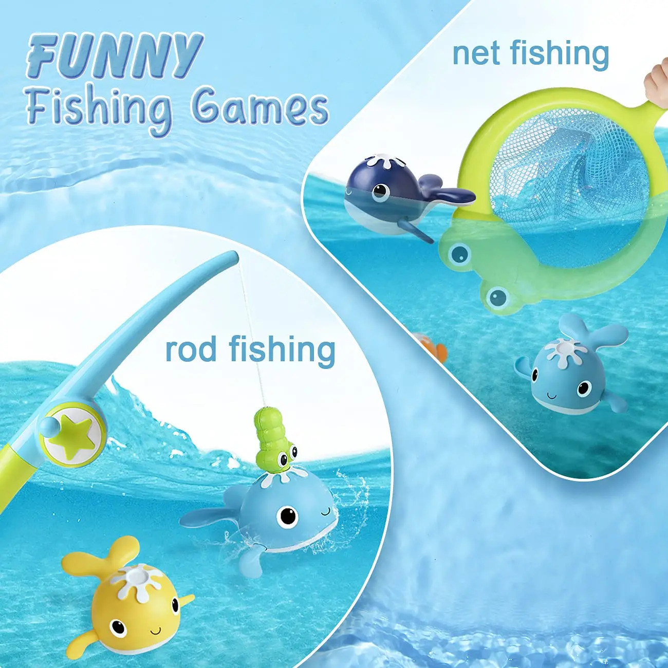 Magnet Fishing Wind-up Swimming Whales Bathtub Toy Baby Bath Toys Fishing Game Water Tub Toys Set with Fishing Pole Net for Kids 240104