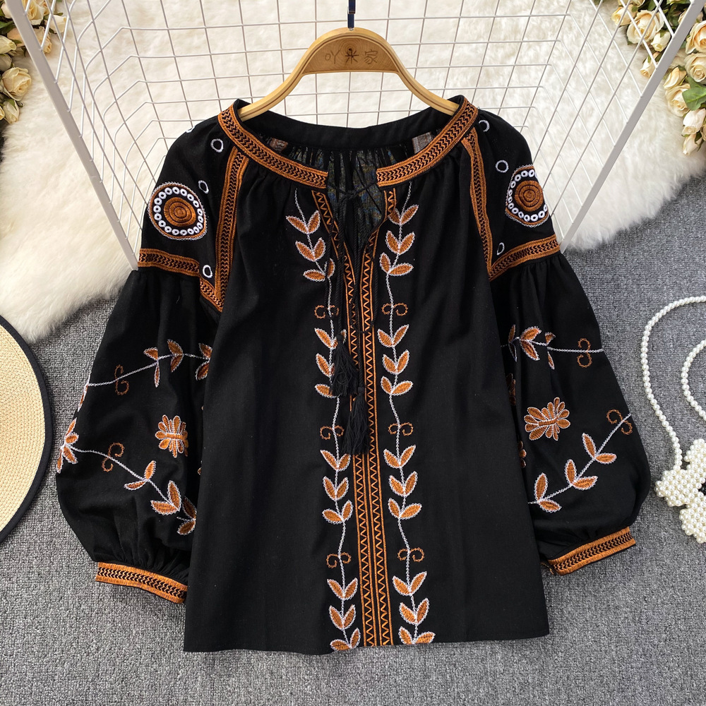 Boho Ral Embroidered Cotton Blouse With Tassels - Loose Fit, Long Lantern Sleeves, Casual Hippie Top For Women White, Black, Khaki B4