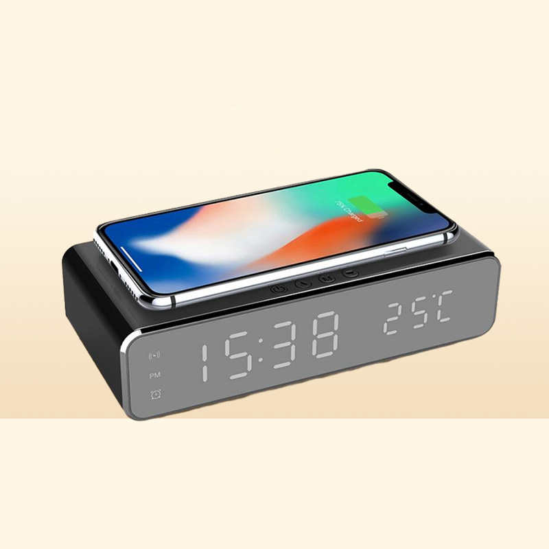 LED Electric Alarm Clock Digital Thermometer HD Mirror with Phone Wireless Charger and Date