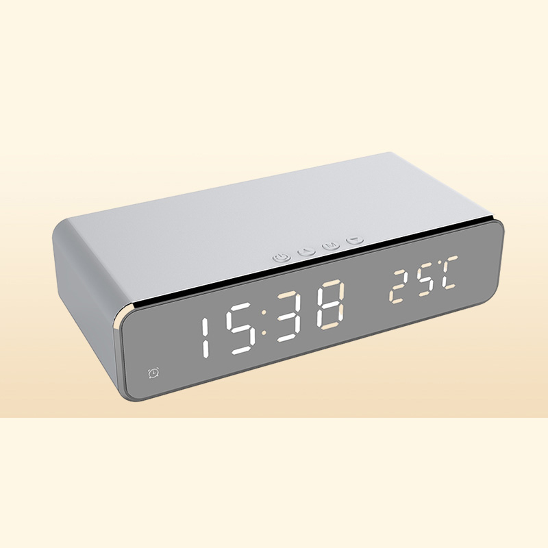 LED Electric Alarm Clock Digital Thermometer HD Mirror with Phone Wireless Charger and Date