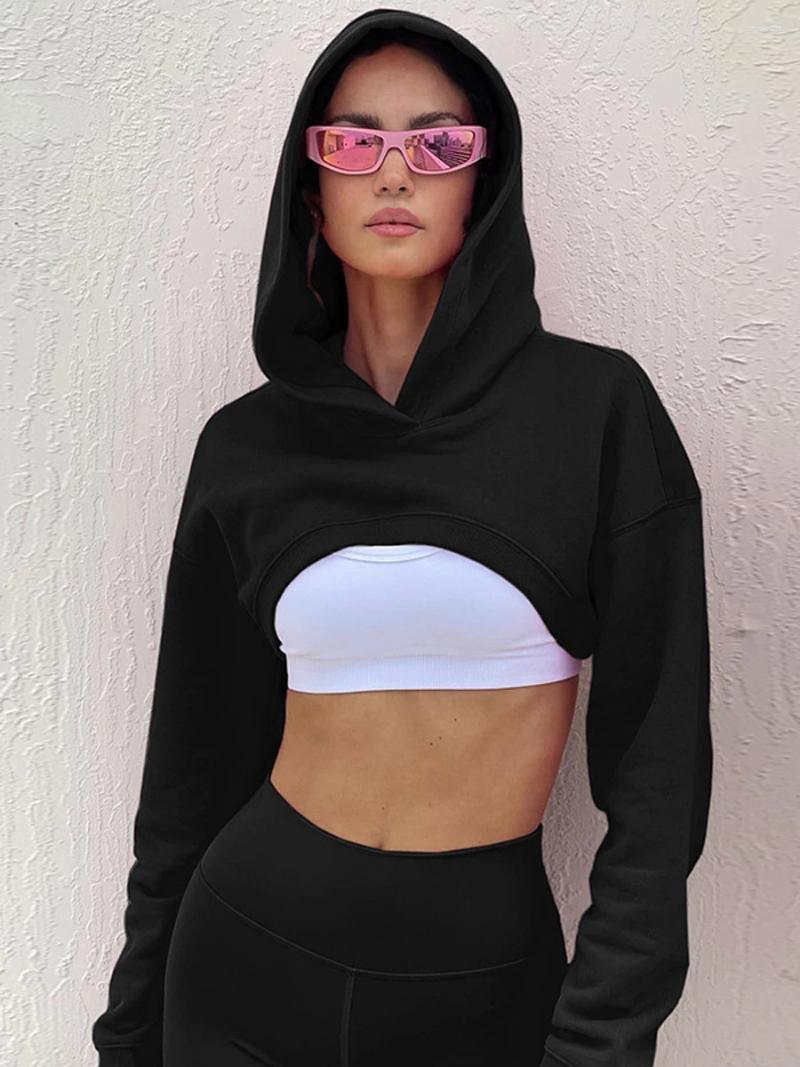 Womens Hoodies Womens Ladies Girls Hoodie Crop Tops Solid Color Long Sleeve Super Pullover Sweatshirt Punk Hip Hop Rave Cloth