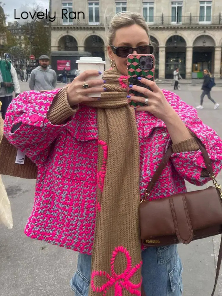 Vintage Womens Autumn Winter Contrast Polo Collar Jacket Pink Loose long sleeve Short Top Casual Fashion Y2k streetwear Coat 240103