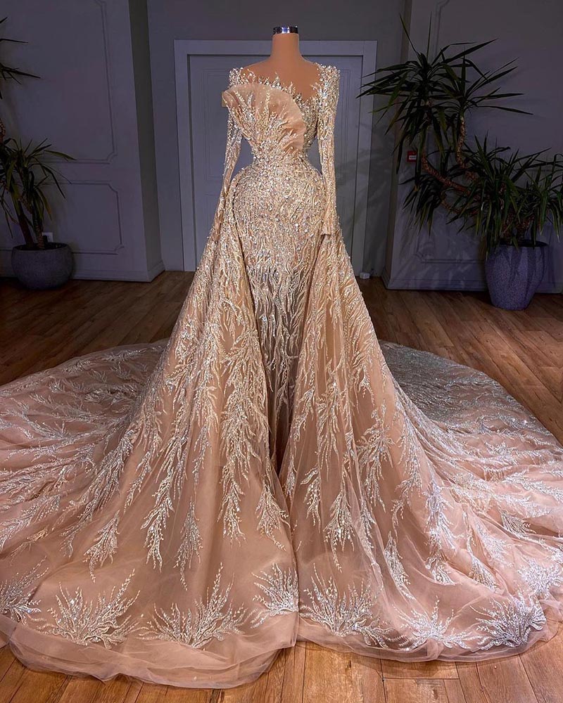 Luxurious Beading Evening Dresses Saudi Arabia Full Sleeve Lace Formal Dress For Women Prom Gowns Celebrity Robe De Soiree