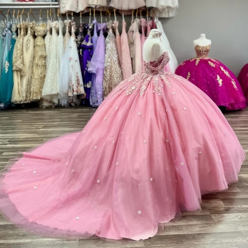 Sparkly Pink Quinceanera Dress Ball Gown Rhinestone Applique Crystal Beaded Flounced Sweet 16 Vestido De 15 Anos 0431