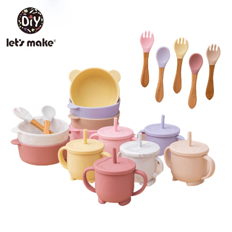 Solid Colour Kids Tableware Set Portable Baby Silicone Plate Bowl cup Toddler Feeding Sucker Infant Dishs With Silica Gel Spoon 240104