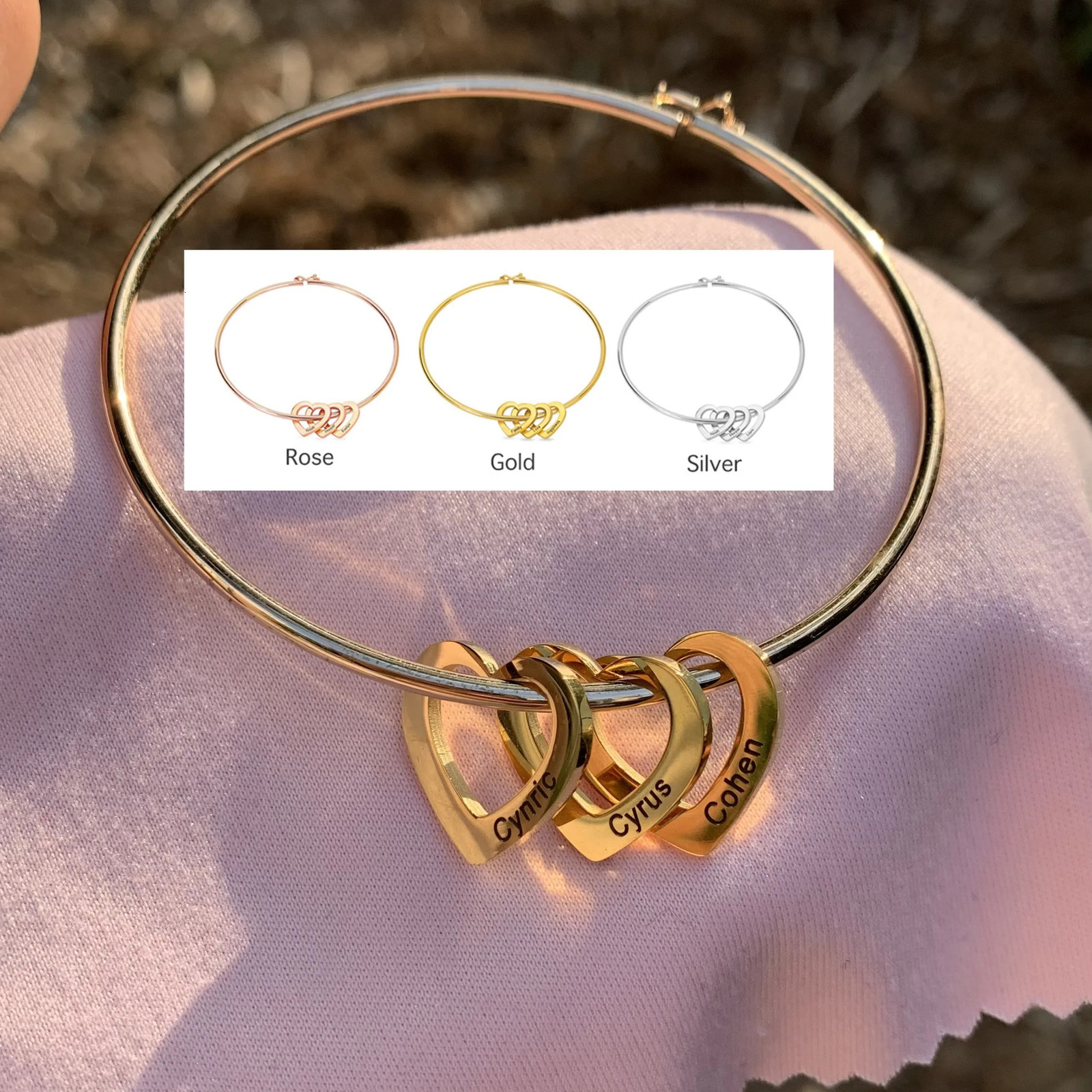 165cm Personalized Name Bracelet Heart Charm Women Stainless Custom Date Bangle Personality Family Names Hand Jewelry Gift 240103